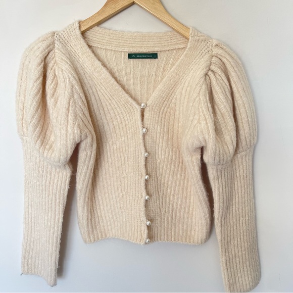 ZJ Sea Clearness Cashmere Puff Sleeve Pearl Button Cardigan Sweater M - Picture 1 of 6